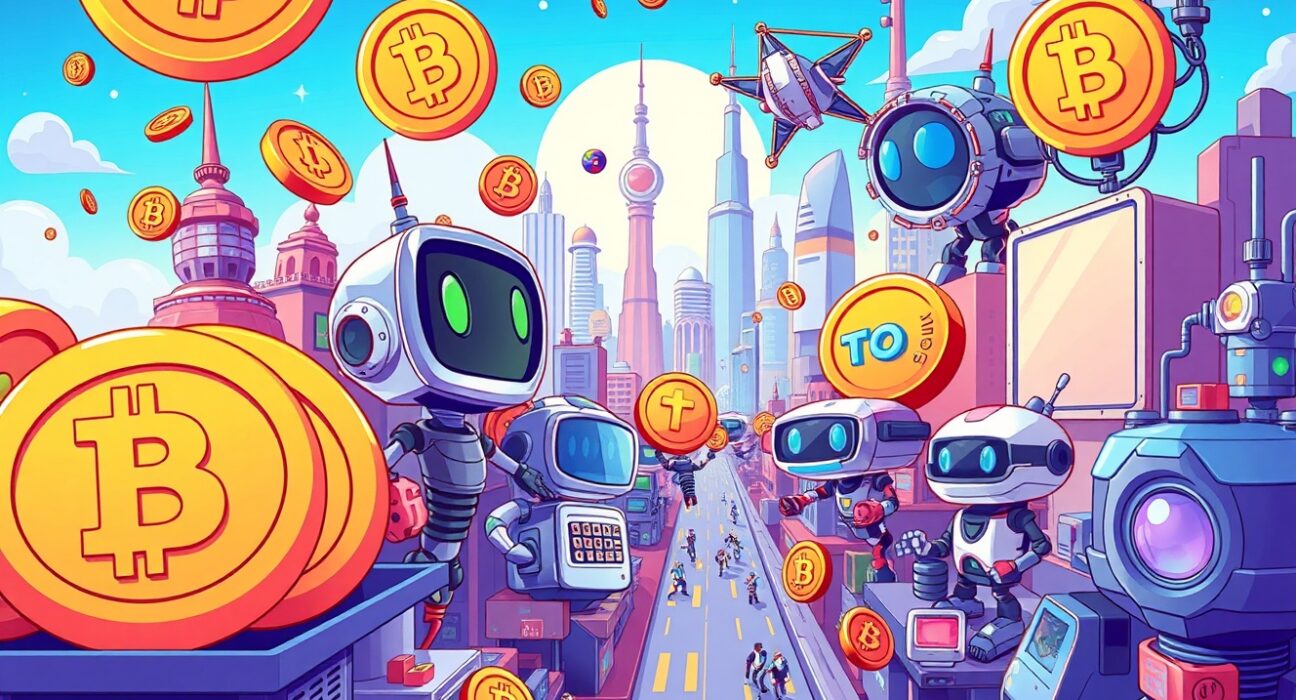 Vibrant cartoon of crypto investment areas driving innovation with digital assets and AI tools.