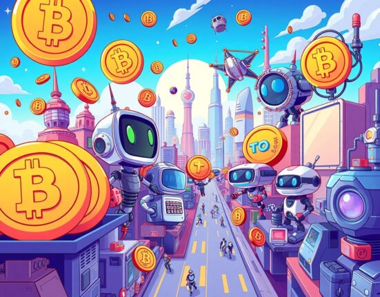 Vibrant cartoon of crypto investment areas driving innovation with digital assets and AI tools.