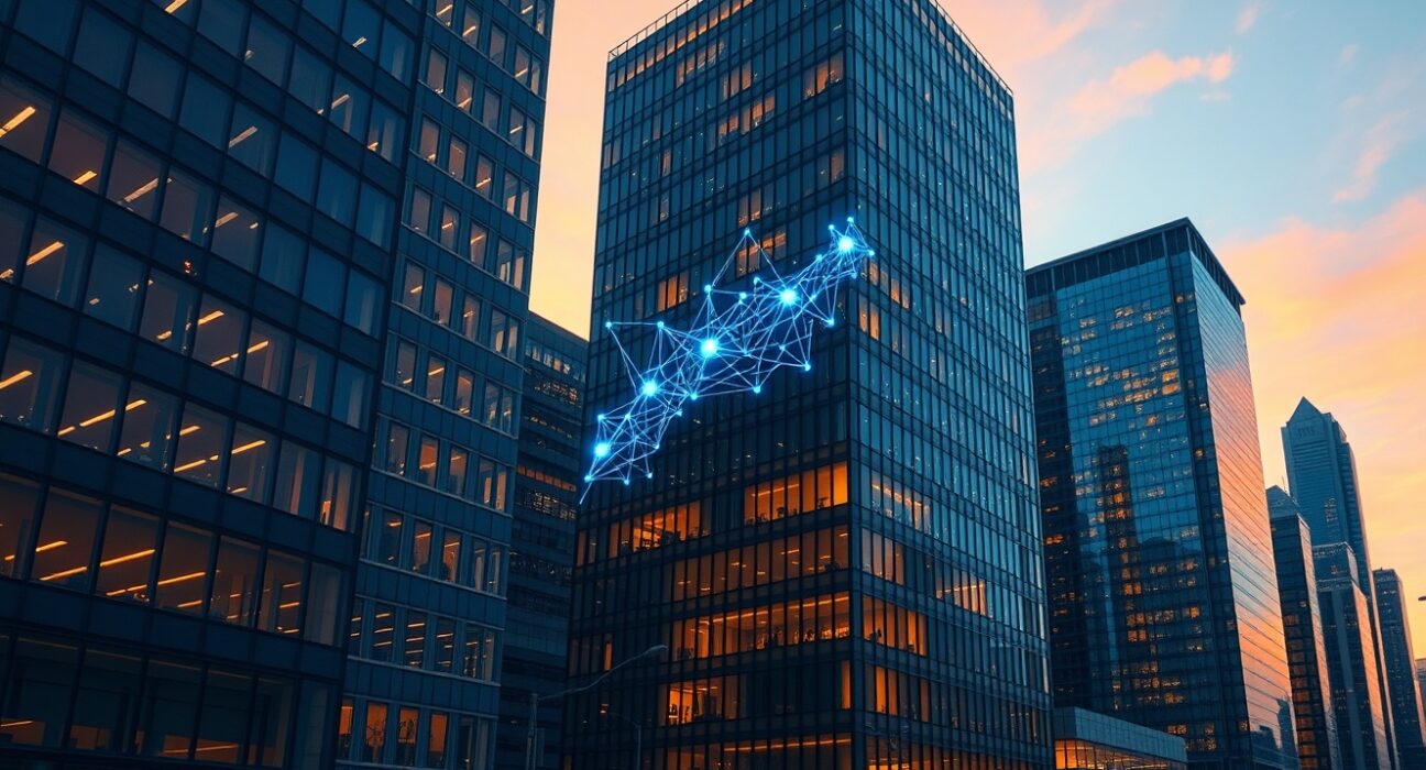 KPMG report on crypto investment growth in fintech with digital blockchain overlay on financial district