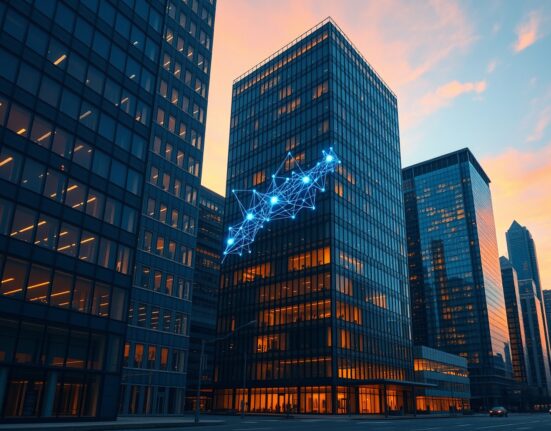 KPMG report on crypto investment growth in fintech with digital blockchain overlay on financial district