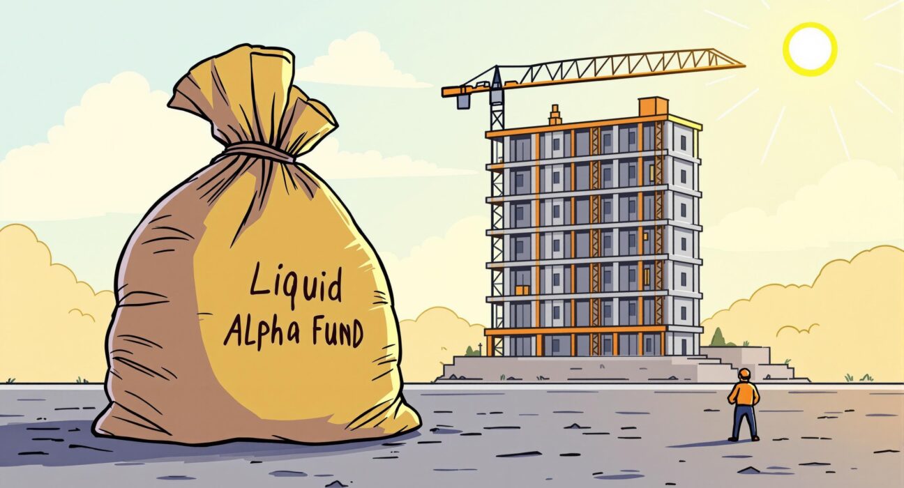 A cartoon illustrating a crypto investment firm shifting focus from a struggling liquid fund to blockchain infrastructure.