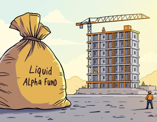 A cartoon illustrating a crypto investment firm shifting focus from a struggling liquid fund to blockchain infrastructure.
