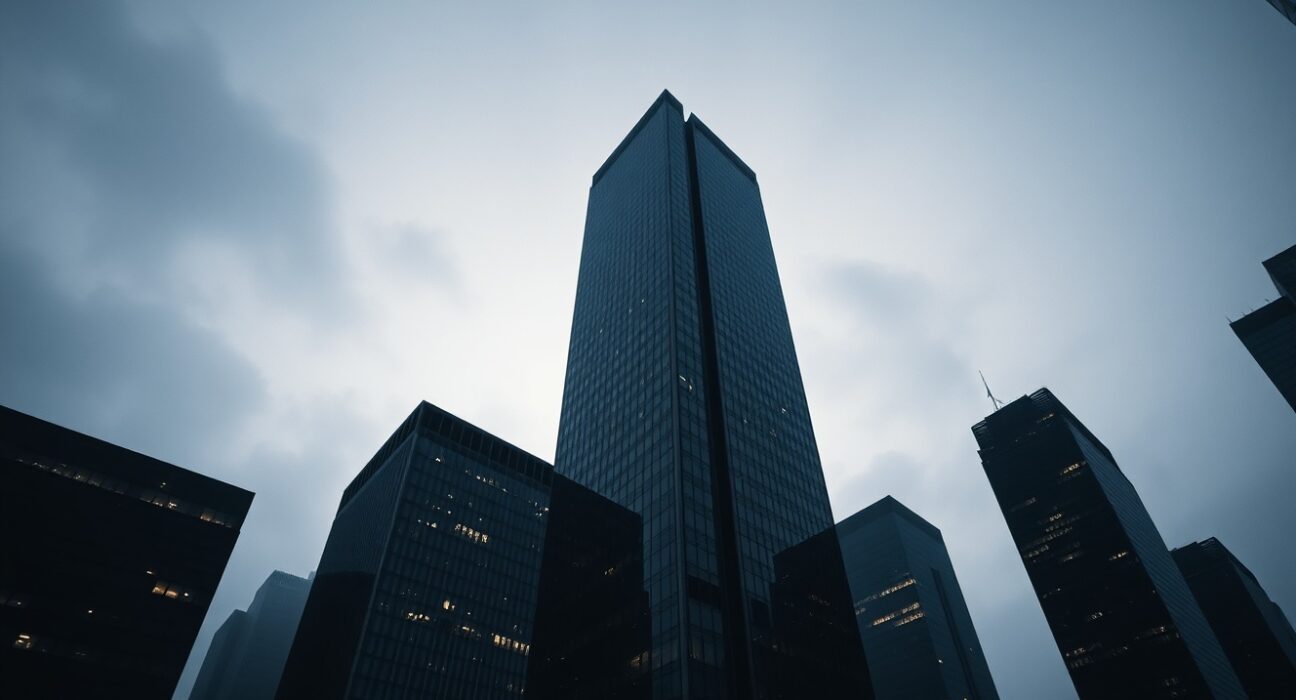 Dimly lit financial district with quiet office towers, representing decline in crypto investment firms in 2026.