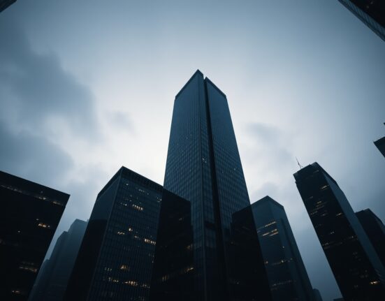 Dimly lit financial district with quiet office towers, representing decline in crypto investment firms in 2026.