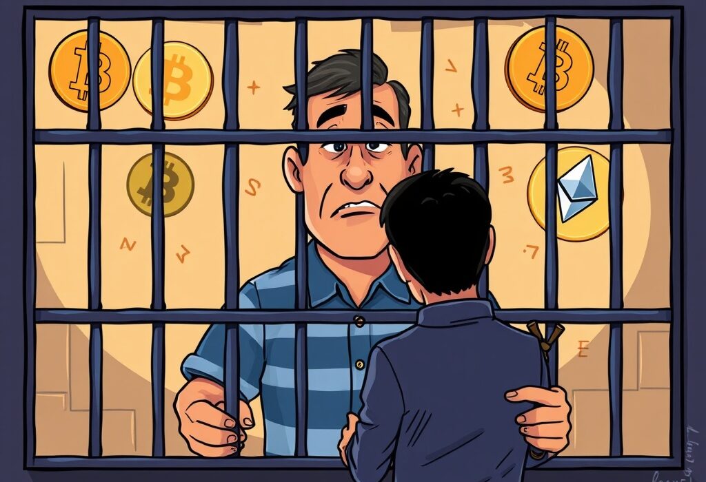 A cartoon illustration depicting the severe consequences of crypto investment fraud, with a man in jail and a victim losing money.