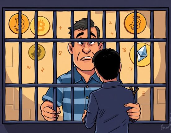 A cartoon illustration depicting the severe consequences of crypto investment fraud, with a man in jail and a victim losing money.