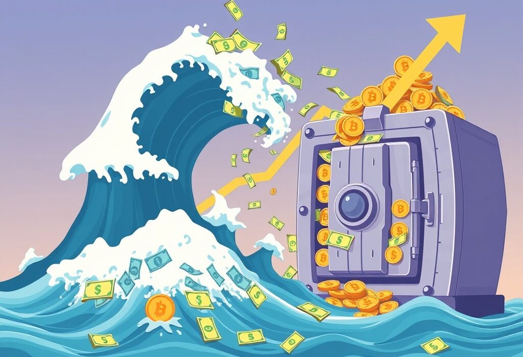 A cartoon illustration showing massive inflows into crypto investment products, signifying record assets under management.