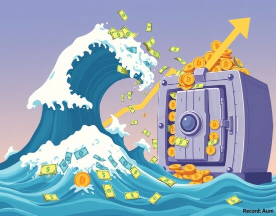 A cartoon illustration showing massive inflows into crypto investment products, signifying record assets under management.
