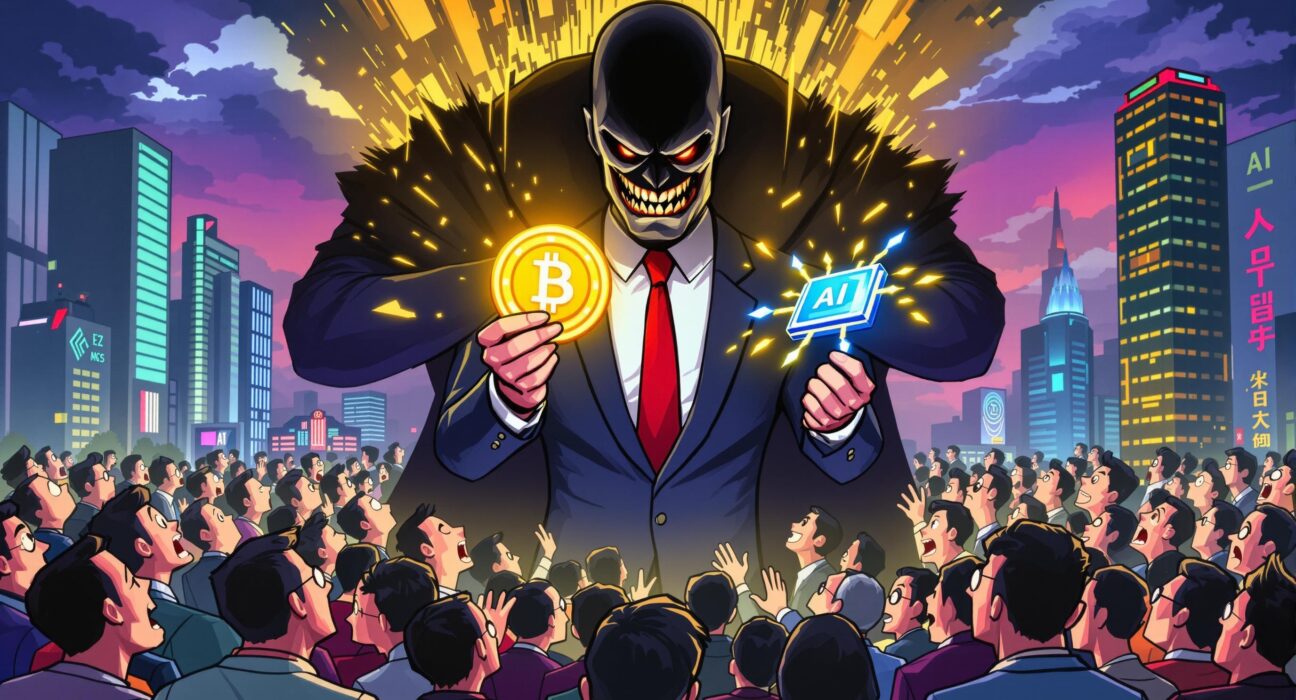 A cartoon illustration of a deceptive figure behind a large crypto investment scam in South Korea, highlighting the risks of fraudulent schemes.