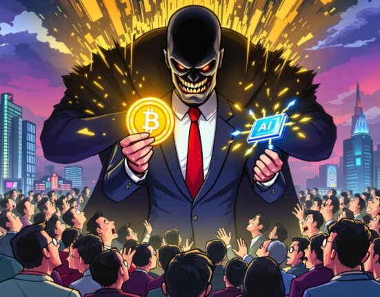 A cartoon illustration of a deceptive figure behind a large crypto investment scam in South Korea, highlighting the risks of fraudulent schemes.