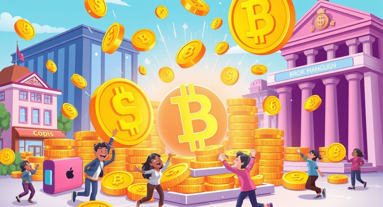 Cartoon illustration showing massive crypto investment flowing from traditional banks to digital platforms