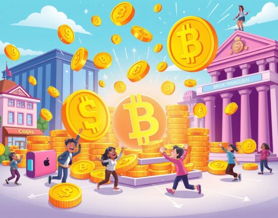 Cartoon illustration showing massive crypto investment flowing from traditional banks to digital platforms