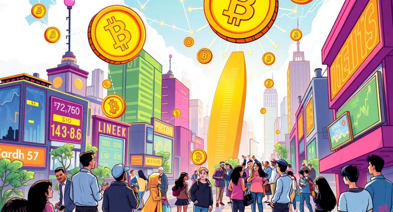 Vibrant cartoon illustration showing future crypto investment trends with blockchain networks and digital assets
