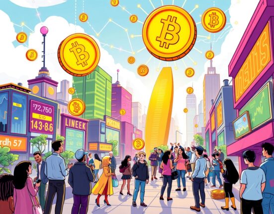 Vibrant cartoon illustration showing future crypto investment trends with blockchain networks and digital assets