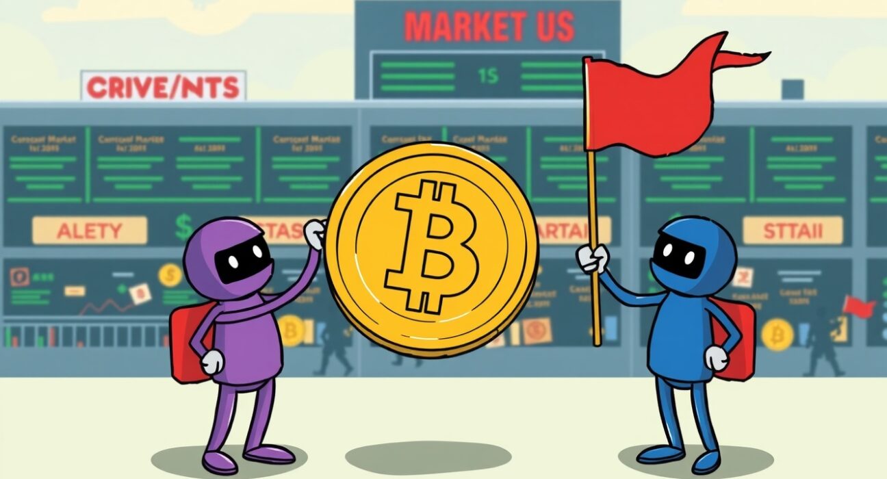 A digital coin with a warning sign, symbolizing a **crypto investment warning** from exchanges Bithumb and Coinone.