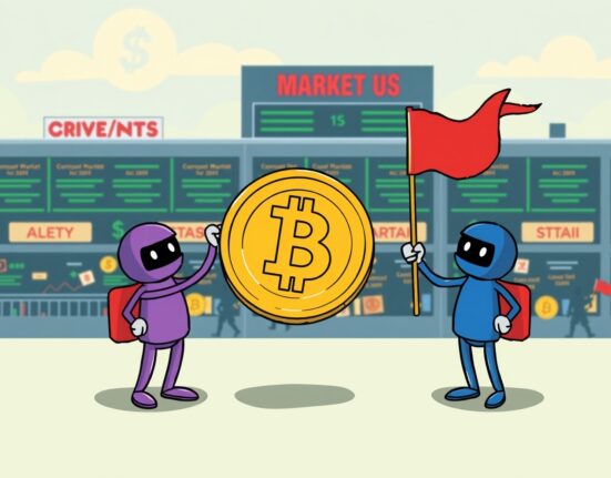 A digital coin with a warning sign, symbolizing a **crypto investment warning** from exchanges Bithumb and Coinone.