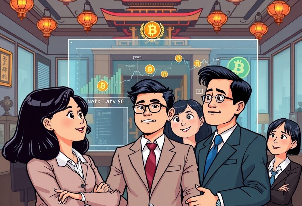 Cartoon illustration showing Asian family office representatives confidently exploring crypto investments and digital assets.
