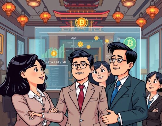 Cartoon illustration showing Asian family office representatives confidently exploring crypto investments and digital assets.
