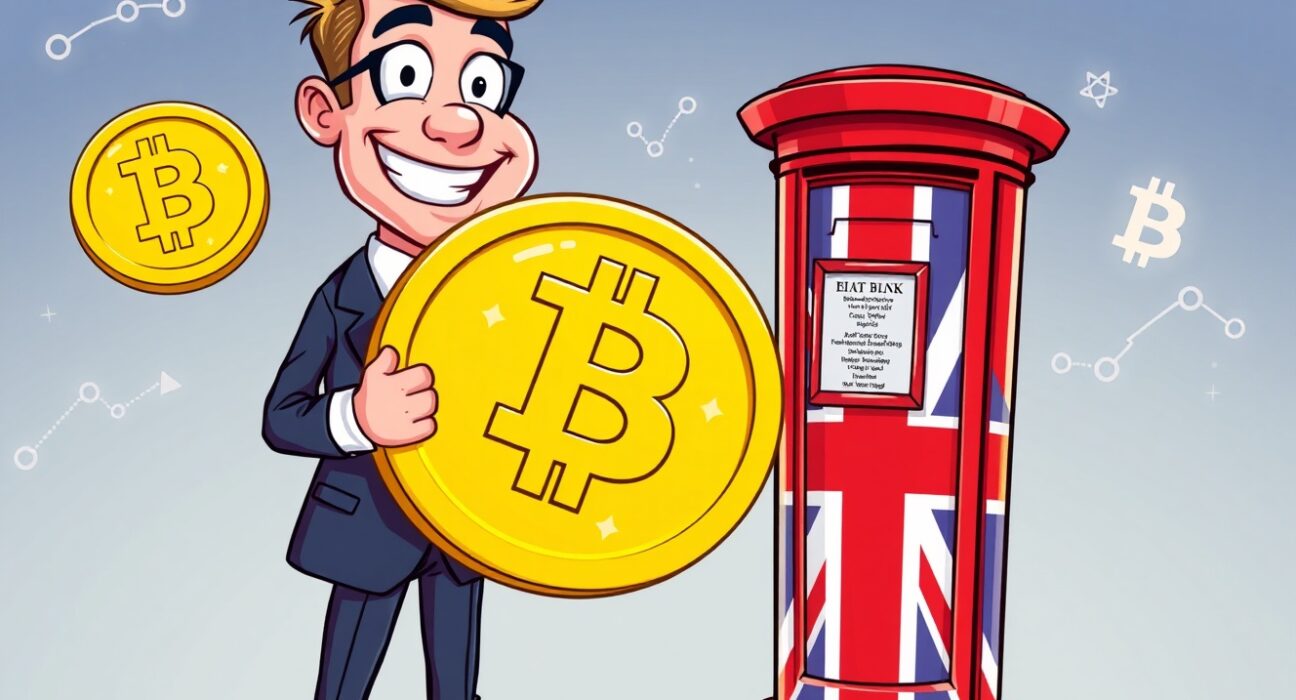 A cartoon crypto investor making a substantial political donation to a UK party, symbolizing financial influence.