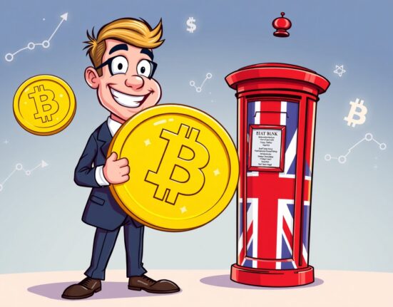 A cartoon crypto investor making a substantial political donation to a UK party, symbolizing financial influence.