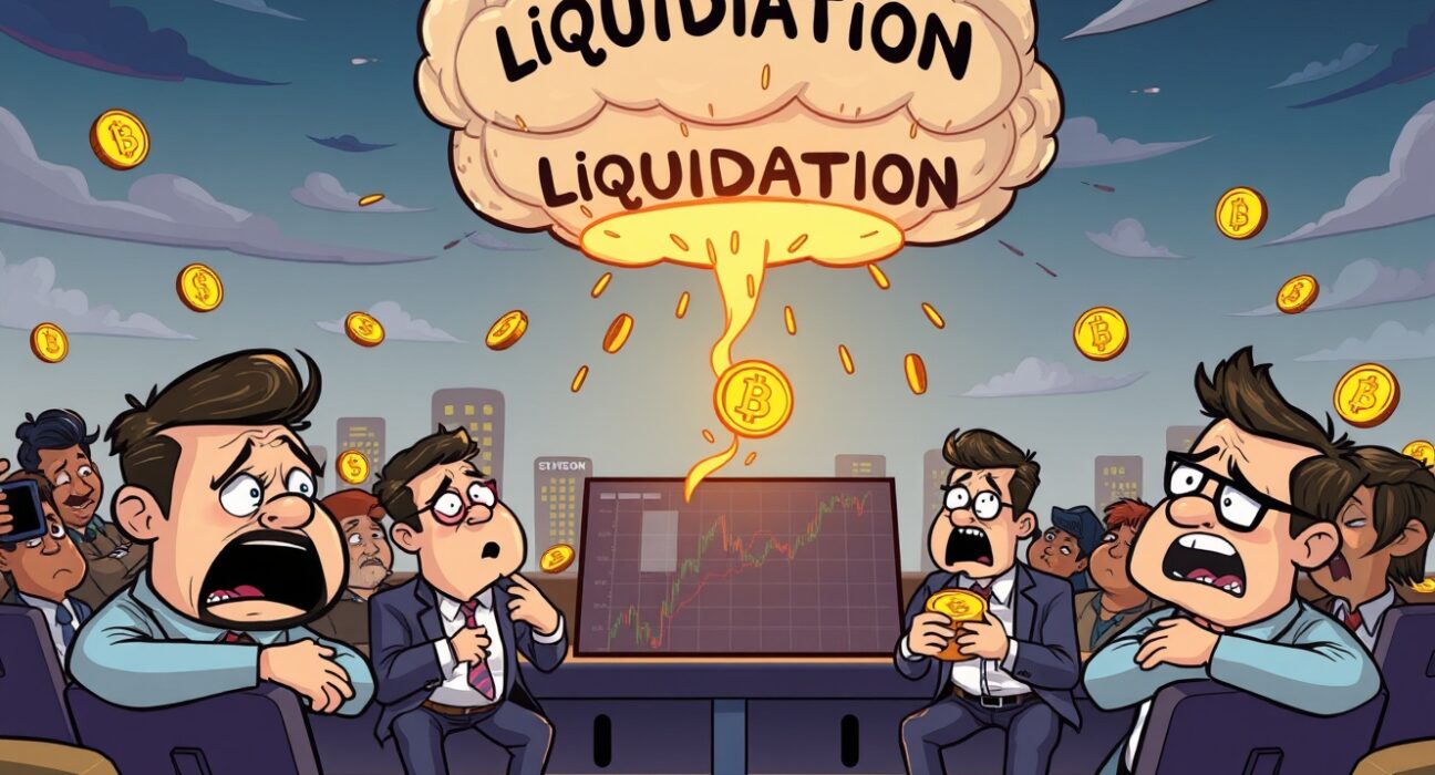Cartoon illustration showing damaged crypto investor sentiment during market liquidation event