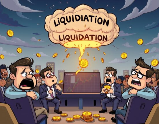Cartoon illustration showing damaged crypto investor sentiment during market liquidation event