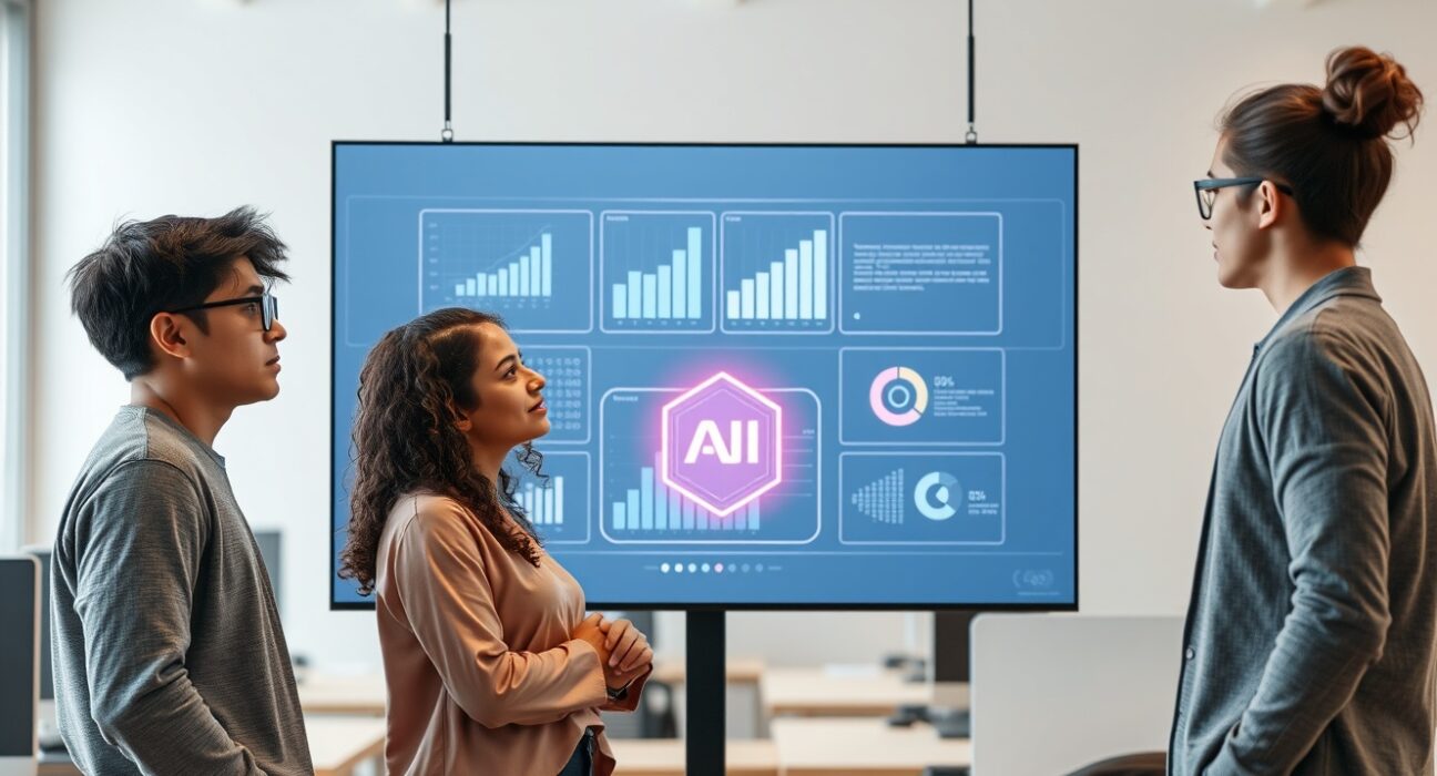 Diverse group of investors looking at an AI-powered portfolio management interface on a digital screen.