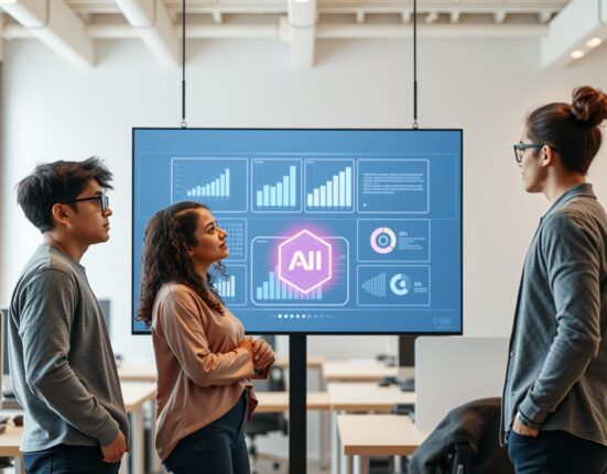 Diverse group of investors looking at an AI-powered portfolio management interface on a digital screen.