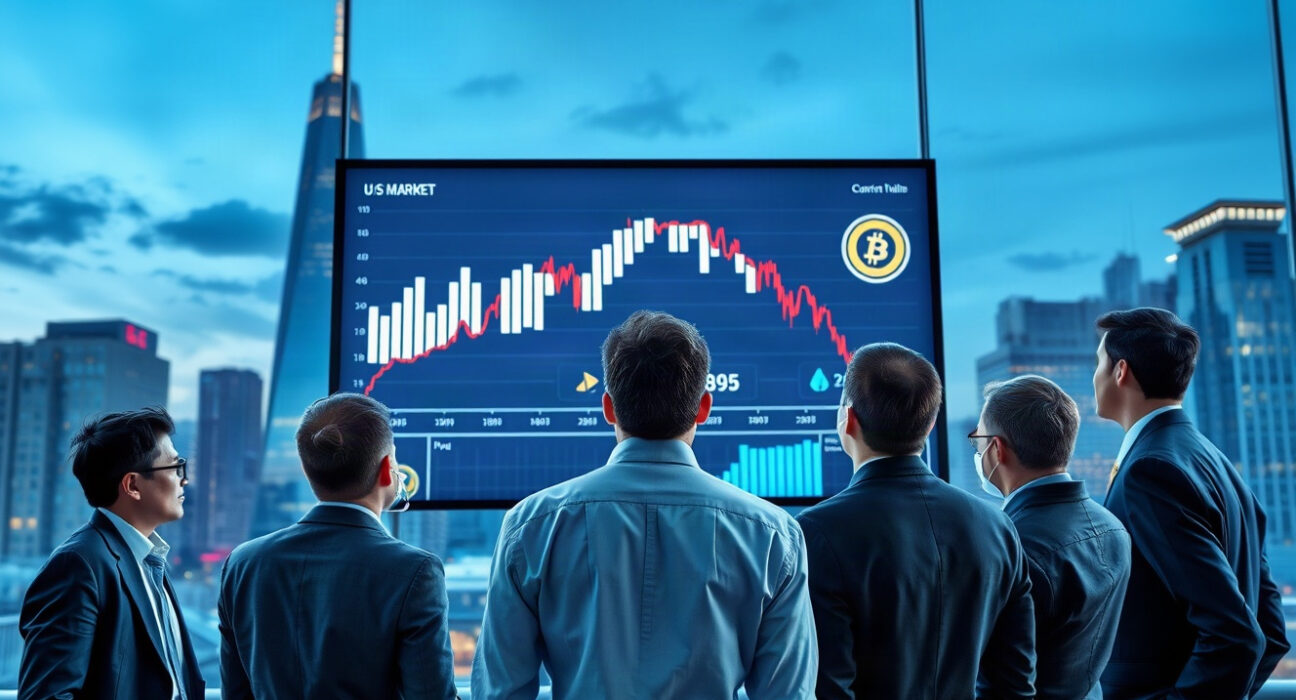 Investors analyzing declining crypto market charts on a large screen