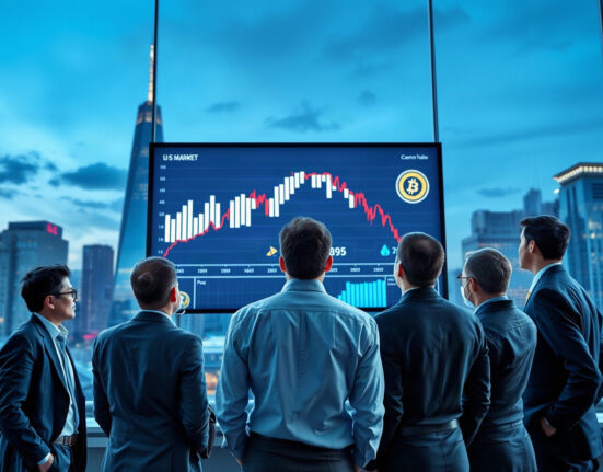 Investors analyzing declining crypto market charts on a large screen