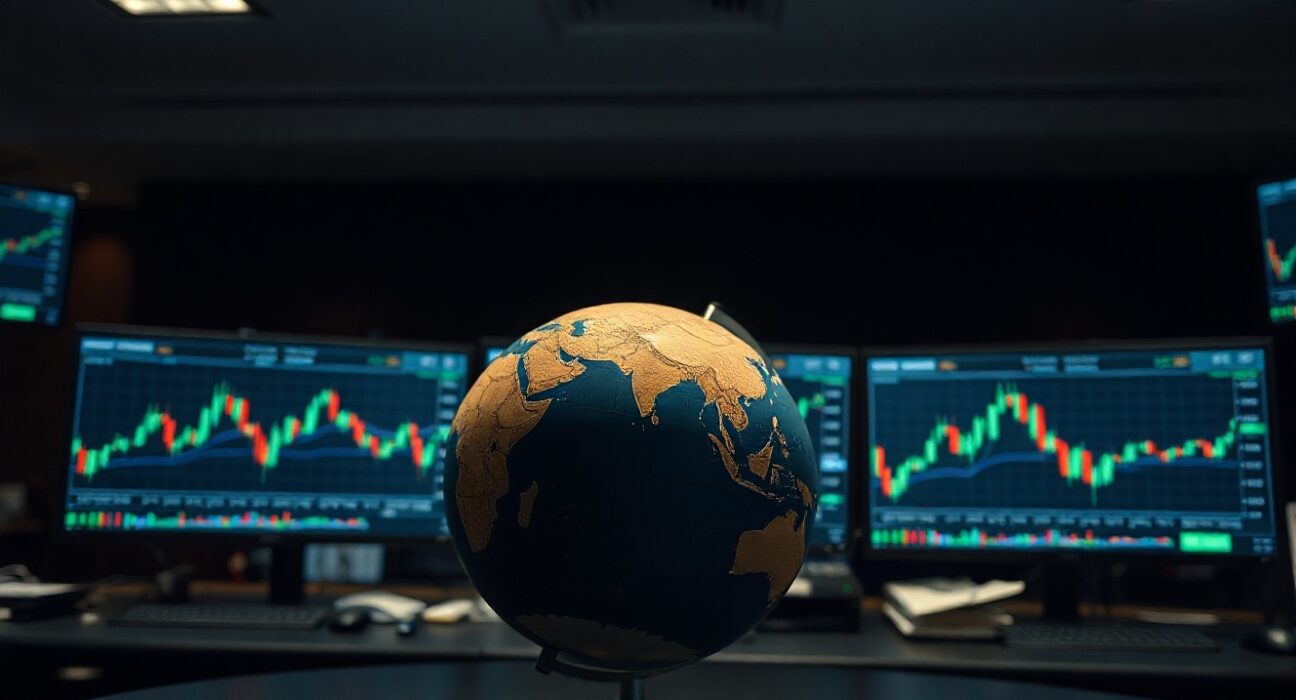 Trading desk with monitors showing crypto charts and a globe, symbolizing fundamental analysis over market-cap rankings.