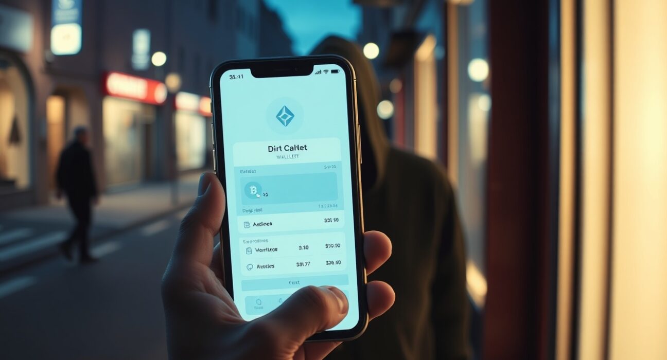 Person holding a smartphone with a crypto wallet app, shadowy figure in background, dark urban setting in France