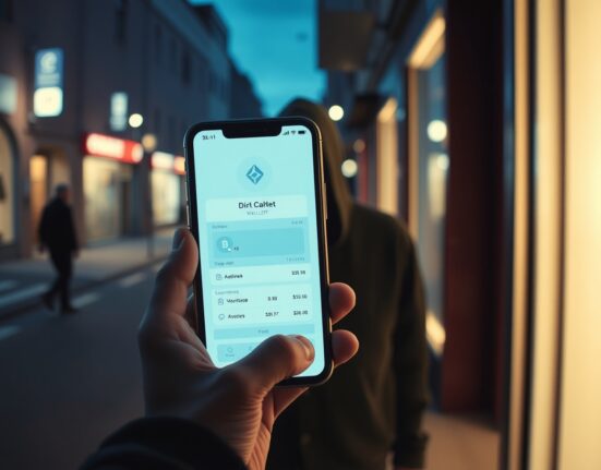 Person holding a smartphone with a crypto wallet app, shadowy figure in background, dark urban setting in France