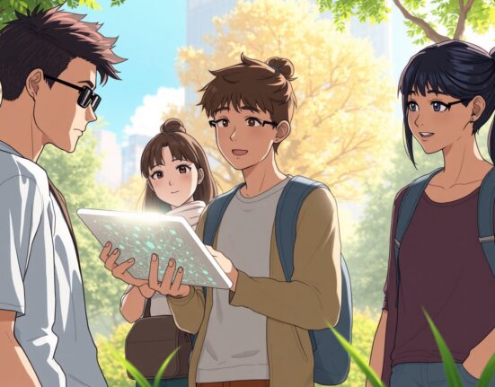 A diverse group discussing cryptocurrency knowledge as an attractive trait in a modern setting.