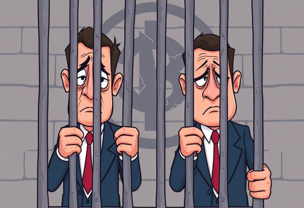Cartoon illustrating the serious repercussions of crypto lender fraud, showing executives facing prison time for deceiving investors.