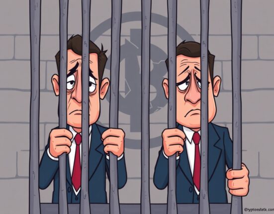 Cartoon illustrating the serious repercussions of crypto lender fraud, showing executives facing prison time for deceiving investors.