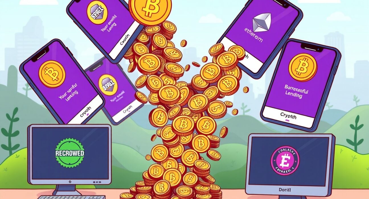 A cartoon illustration showing digital coins flowing into various crypto lending apps, representing the record $41.5 billion in borrowed assets.