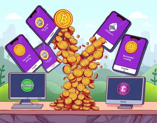 A cartoon illustration showing digital coins flowing into various crypto lending apps, representing the record $41.5 billion in borrowed assets.