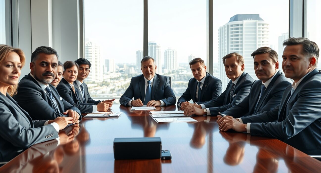 Business professionals in a Miami boardroom discussing institutional crypto lending risk management at Consensus 2026.