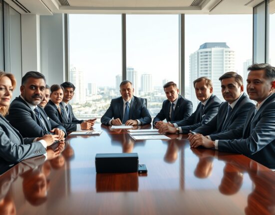 Business professionals in a Miami boardroom discussing institutional crypto lending risk management at Consensus 2026.