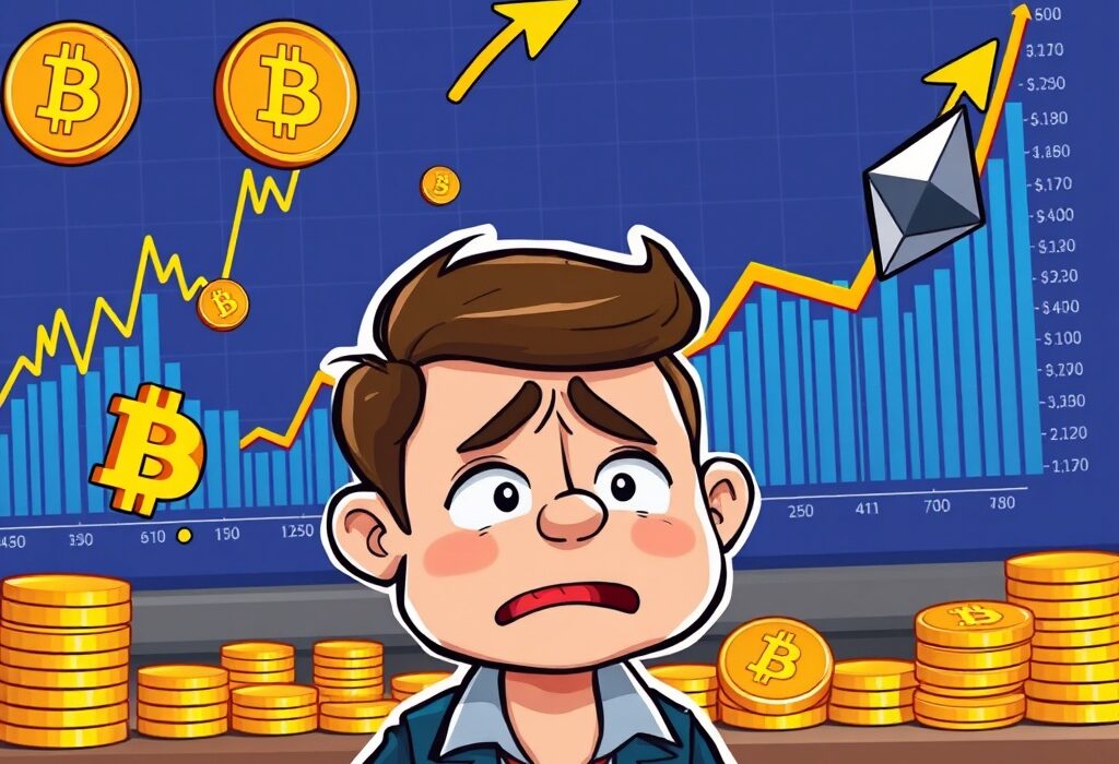 A cartoon illustration depicting the dramatic impact of crypto leverage trading, with a distressed trader reacting to a sudden market shift.