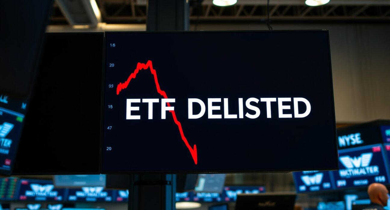 Stock exchange display showing ETF delisting notice with red market data