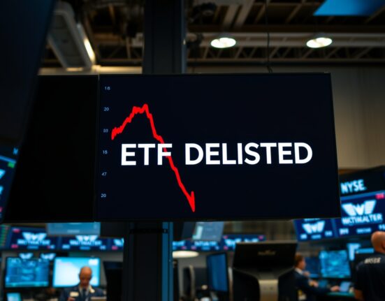 Stock exchange display showing ETF delisting notice with red market data