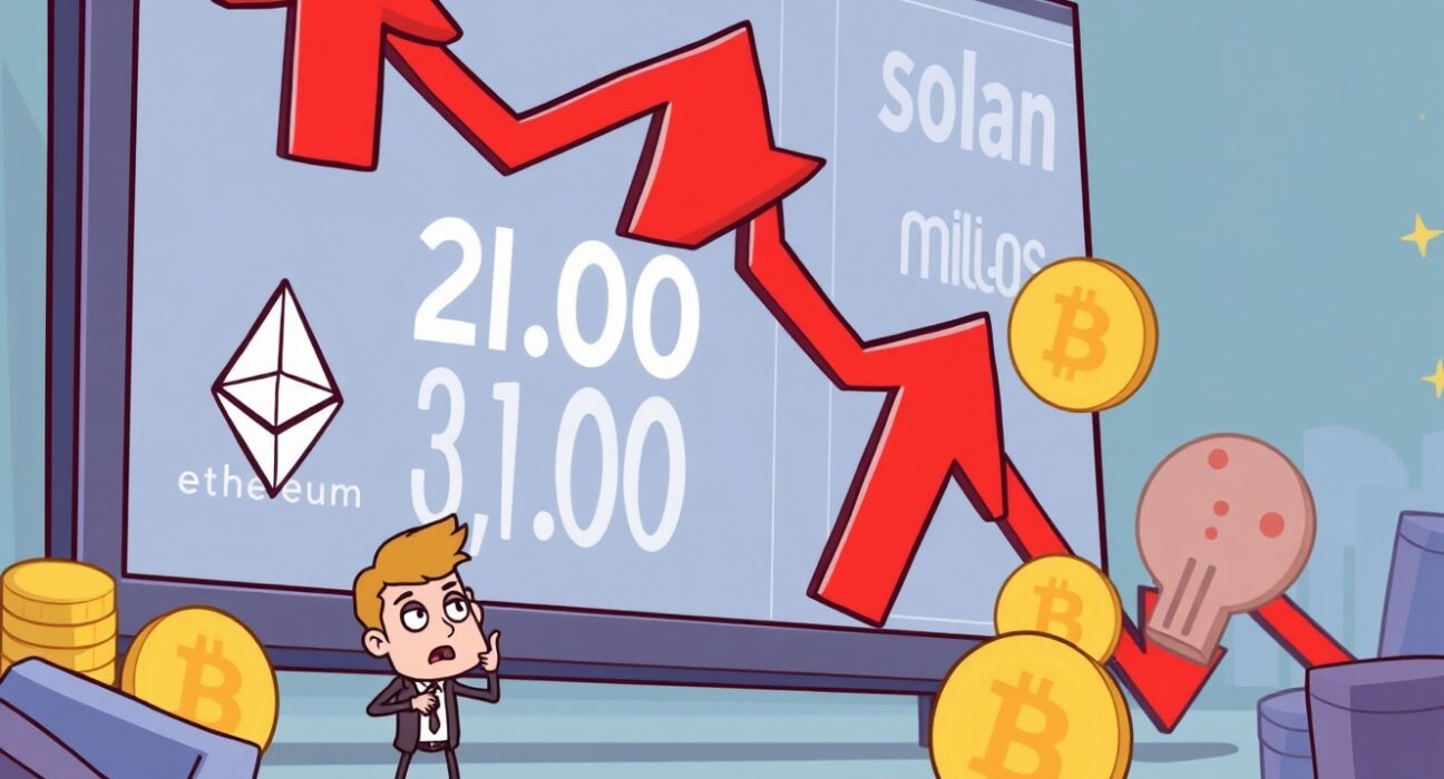 Cartoon illustrating a significant crypto liquidation event, showing market volatility and stressed traders as millions are liquidated.