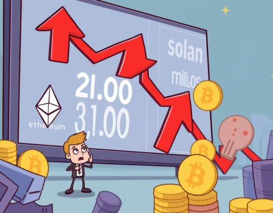 Cartoon illustrating a significant crypto liquidation event, showing market volatility and stressed traders as millions are liquidated.