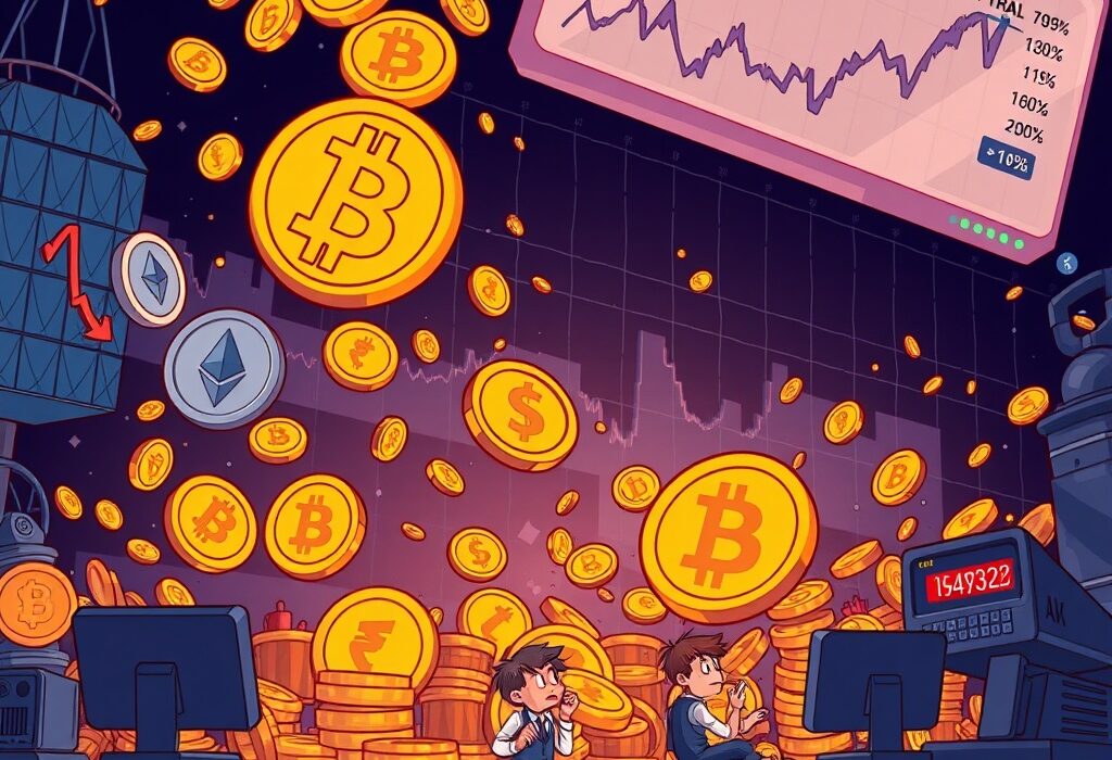 A cartoon illustration showing significant crypto liquidation across major assets like Bitcoin and Ethereum on perpetual futures markets.