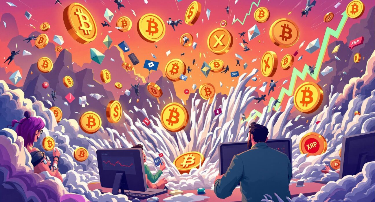A vibrant cartoon illustration depicting the dramatic impact of crypto liquidation on Bitcoin, Ethereum, and XRP perpetual futures markets.