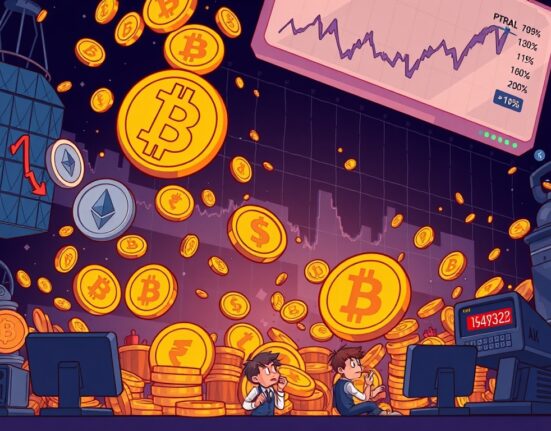 A vibrant cartoon illustration depicting the dramatic impact of crypto liquidation on Bitcoin, Ethereum, and XRP perpetual futures markets.