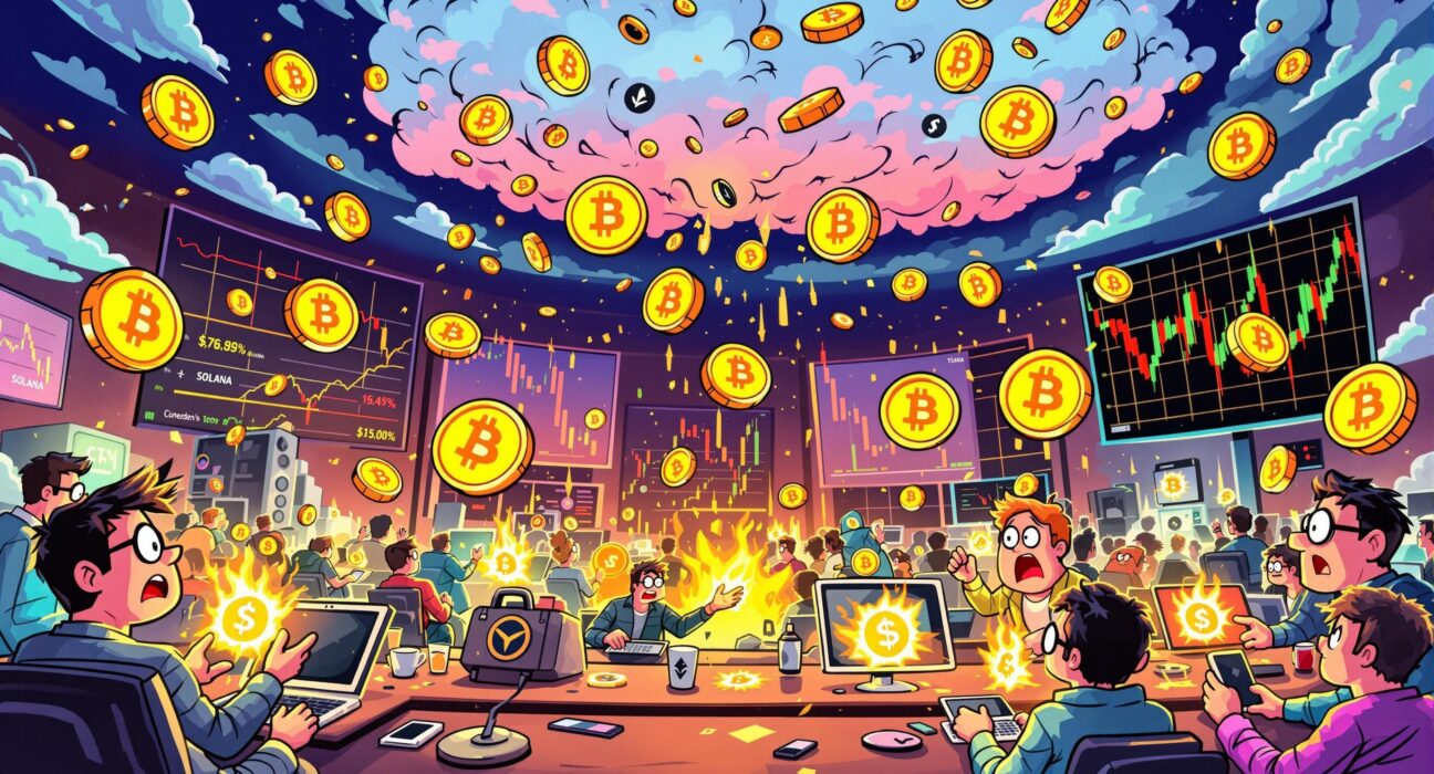 A vibrant cartoon illustrating the impact of crypto liquidation on the market, showing digital assets falling and charts fluctuating.