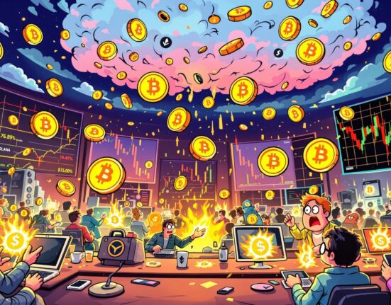 A vibrant cartoon illustrating the impact of crypto liquidation on the market, showing digital assets falling and charts fluctuating.